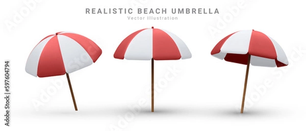 Fototapeta 3d render realistic vector set of sun shade parasols, umbrellas in red, white. Isolated icon on white background.