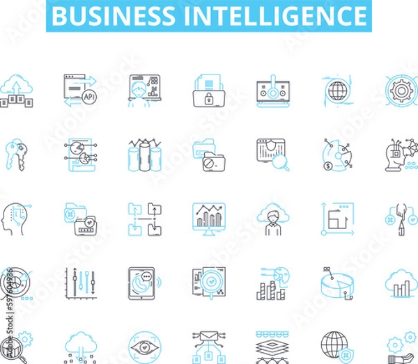 Fototapeta Business intelligence linear icons set. Analytics, Data, Insights, Performance, Dashboards, Reporting, Visualization line vector and concept signs. Metrics,Strategy,Decision-making outline