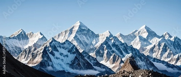 Fototapeta Mountain peak of the tibetan snow-capped mountains, a beautiful panorama of the mountains at sunset of the day, generative ai.