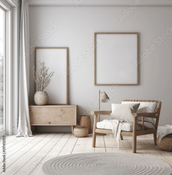 Fototapeta living room interior design mock up, minimal and functional apartment design mock up, Generative AI
