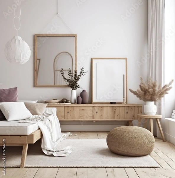 Fototapeta living room interior design mock up, minimal and functional apartment design mock up, Generative AI