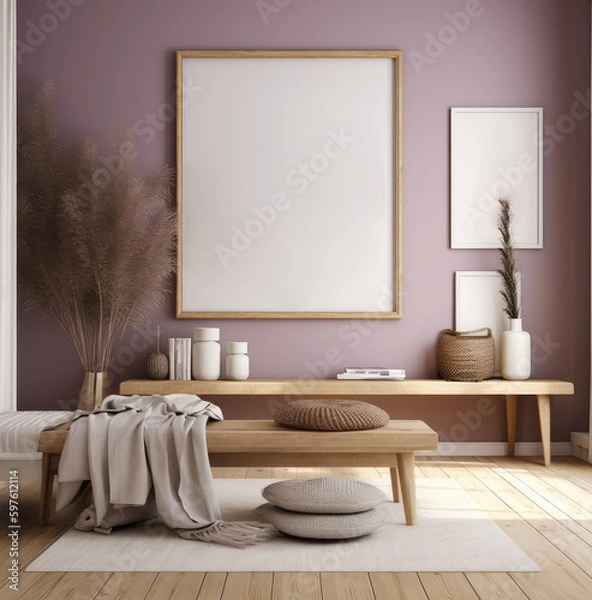 Fototapeta living room interior design mock up, minimal and functional apartment design mock up, Generative AI