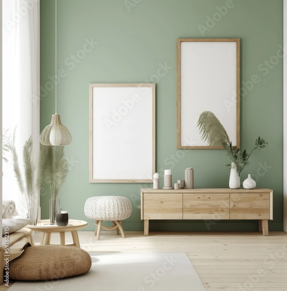 Fototapeta living room interior design mock up, minimal and functional apartment design mock up, Generative AI