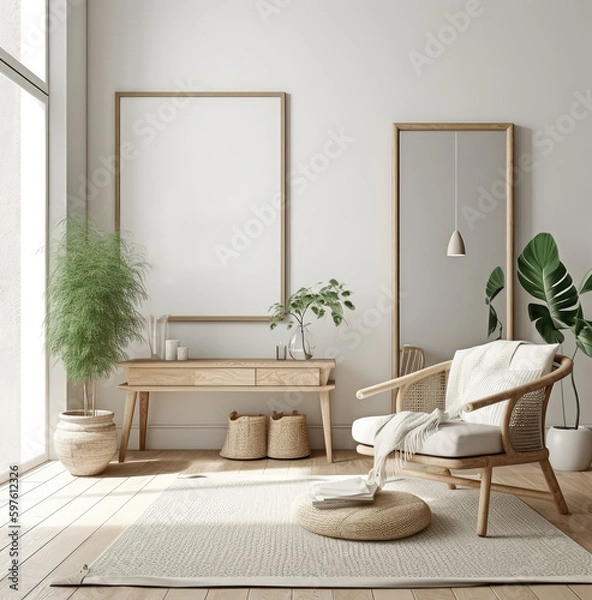 Fototapeta living room interior design mock up, minimal and functional apartment design mock up, Generative AI