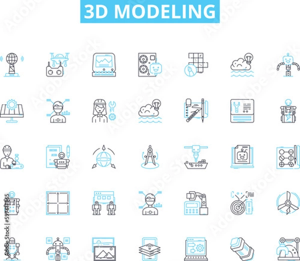 Fototapeta 3d modeling linear icons set. Rendering, Animation, CAD, Sculpting, Texturing, Shading, Lighting line vector and concept signs. Photorealistic,Architectural,Character outline Generative AI
