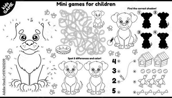 Fototapeta Vector dog placement for children. Set of outline kids games with cartoon cute puppy. Play and coloring. Printable activity mat with maze, connect the dots and color, find differences and other.