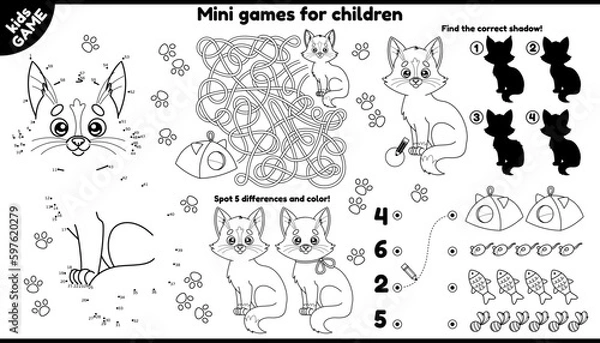 Fototapeta Vector cat placement for children. Set of outline kids games with cartoon cute kitten. Play and coloring. Printable activity mat with maze, connect the dots and color, find differences and other.