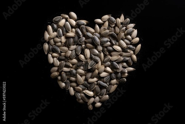 Obraz Heart shaped sunflower seeds on a black background - generative ai