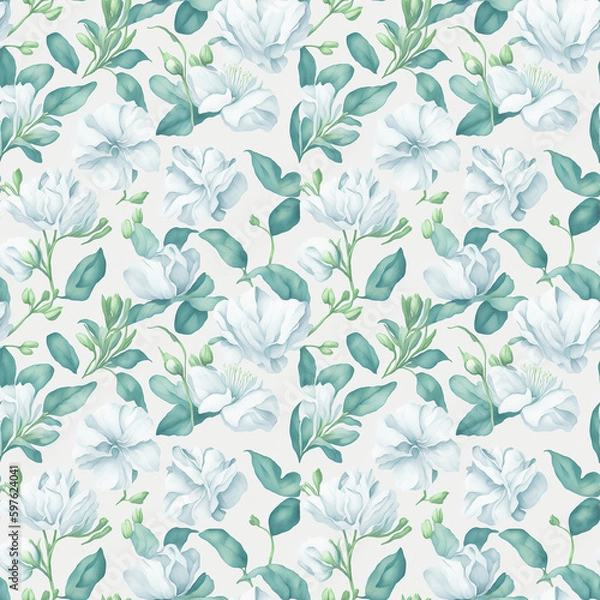 Fototapeta Seamless white magnolia flower watercolor pattern, ai generated