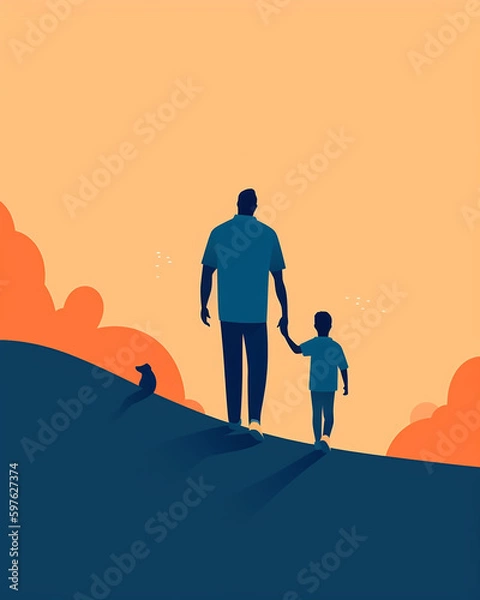 Fototapeta Father and Child Holding Hands as they Walk Together - Orange and Blue Color Tone Fathers Day Vector Theme - Generative AI