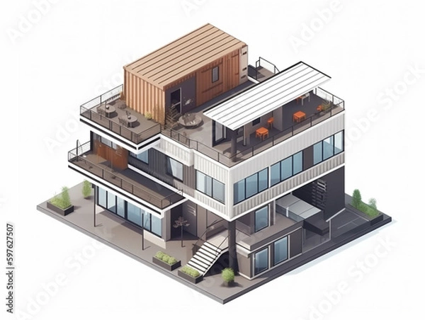 Obraz Illustration of a huge luxury house built from recycled shipping containers. Well organized to maximize space. Some of the walls have huge openings that show the house's interior.