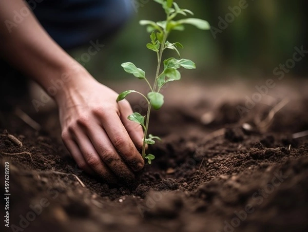 Fototapeta A close up shot of a person hands planting a tree. Generative AI.