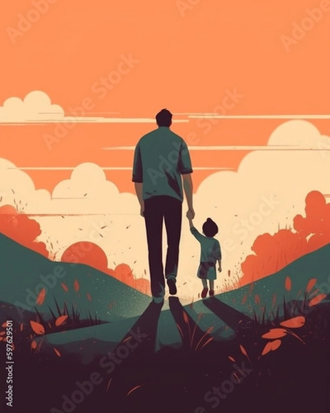 Fototapeta Father and Child Holding Hands as they Walk Together - Pop Art Orange Color Tone Fathers Day Vector Theme - Generative AI