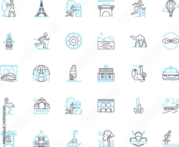 Fototapeta Expedition linear icons set. Adventure, Exploration, Journey, Trek, Quest, Safari, Roaming line vector and concept signs. Questing,Odyssey,Pilgrimage outline illustrations Generative AI