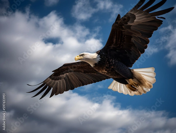 Fototapeta A majestic bald eagle soaring through the air with its wings outstretched