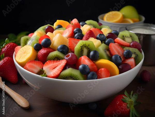 Fototapeta A colorful and vibrant fruit salad, presented in a white ceramic bowl