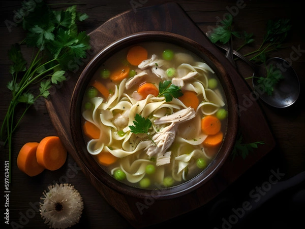 Fototapeta A steaming bowl of comforting, homemade chicken noodle soup, shot from a top-down angle