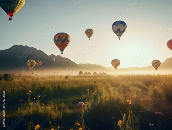Fototapeta Colorful Hot Air Balloons, Side View, Floating in the Sky