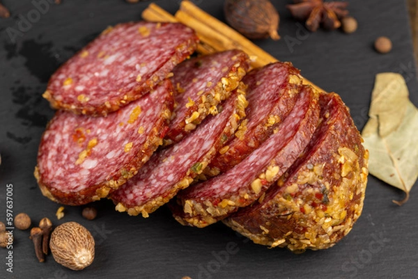 Obraz Pork sausage with spices and a lot of garlic