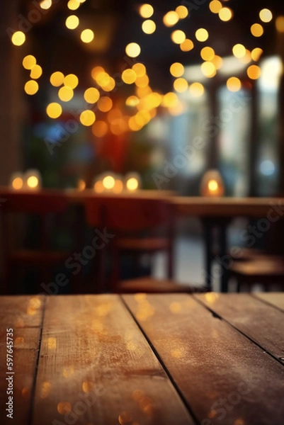 Obraz Image of wooden table in front of abstract blurred background of restaurant lights. AI generative