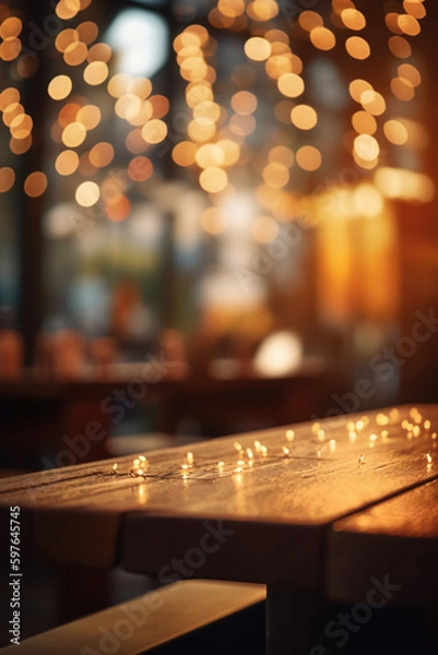 Fototapeta Image of wooden table in front of abstract blurred background of restaurant lights. AI generative