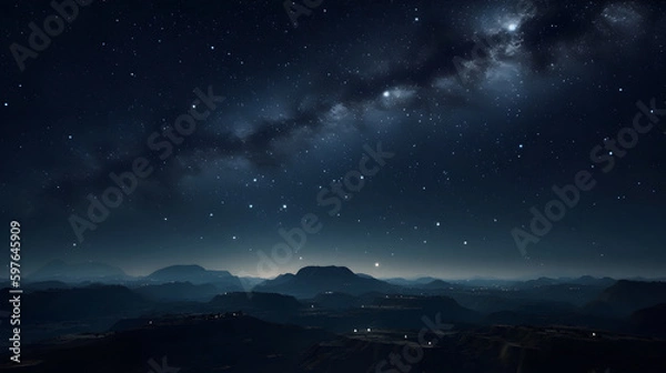 Fototapeta Enchanting Night Sky in Mountainous Landscape. A stunning night-time landscape of a galaxy in the sky, with majestic mountains and stars. Created with generative AI.
