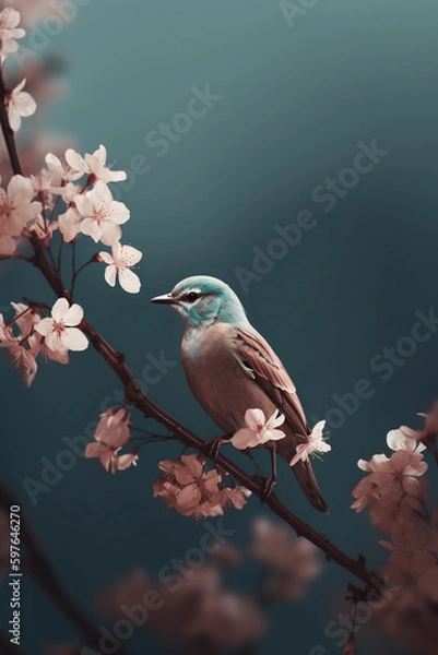 Fototapeta Simple flowers and bird Phone modern wallpaper, minimal, abstract, aesthetic, modern, minimalistic. AI generative