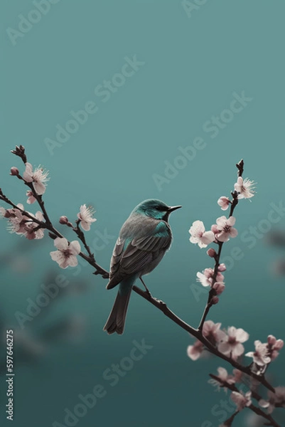 Fototapeta Simple flowers and bird Phone modern wallpaper, minimal, abstract, aesthetic, modern, minimalistic. AI generative