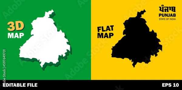 Fototapeta Punjab 3d Map, Flat Map of Panjab, Indian State Map, Punjabi, Easy to use Editable vector EPS10, High detailed silhouette illustration.