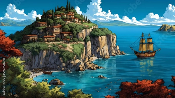 Fototapeta Majestic Retro Landscape Artwork of Scenic Mountains, Crystal Clear Waterfalls, and Verdant Trees with Artistic Digital Flair Generative AI