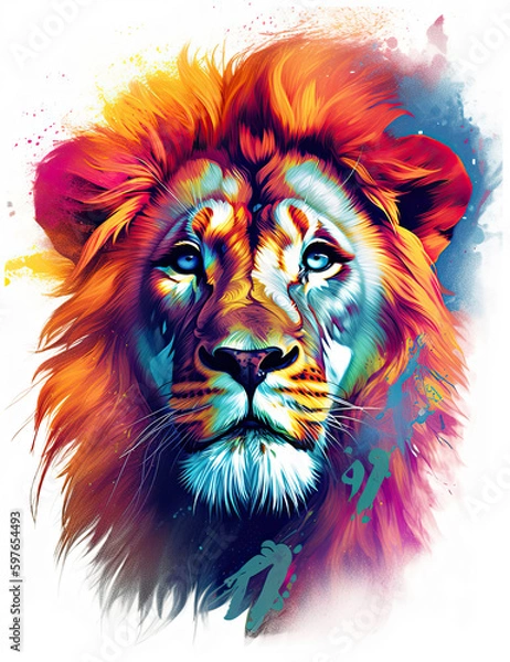 Obraz Lion, majestic, psychic wave, rainbow, fire, digital print, wall art. Generative AI