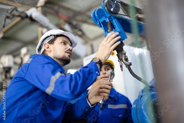Fototapeta Robotic technicians tighten and loosen components with screwdriver and plier to perform safety maintenance. Measuring current, voltage, resistance, capacity, temperature with digital clamp meter.