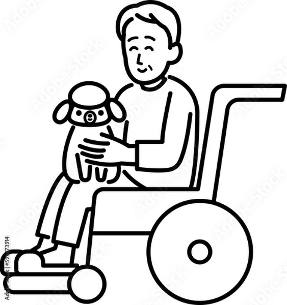 Fototapeta 車椅子に乗る年配男性とセラピー犬のイラスト　線画のみ