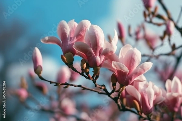 Fototapeta Beautiful pink magnolia on blue sky background.