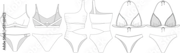Obraz "Woman sustainable swimwear, technical drawing, template, sketch, flat, mock up. Recycled PA, Recycled PES, Lycra fabric swimwear front and back view, white color"