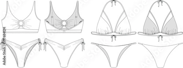 Fototapeta "Woman sustainable swimwear, technical drawing, template, sketch, flat, mock up. Recycled PA, Recycled PES, Lycra fabric swimwear front and back view, white color"