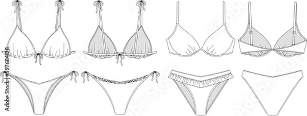 Fototapeta "Woman sustainable swimwear, technical drawing, template, sketch, flat, mock up. Recycled PA, Recycled PES, Lycra fabric swimwear front and back view, white color"