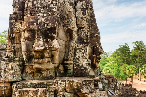 Fototapeta Giant stone face of Bayon temple, Cambodia