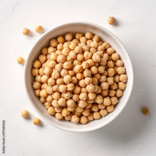 Fototapeta On a white background, raw chickpeas are displayed in a bowl. top view. Generative AI.