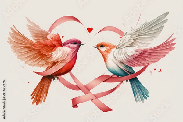 Fototapeta Dwie połówki - ptasia para - zaproszenie na ślub, tło - Two halves - bird couple - wedding invitation, background -.  AI Generated