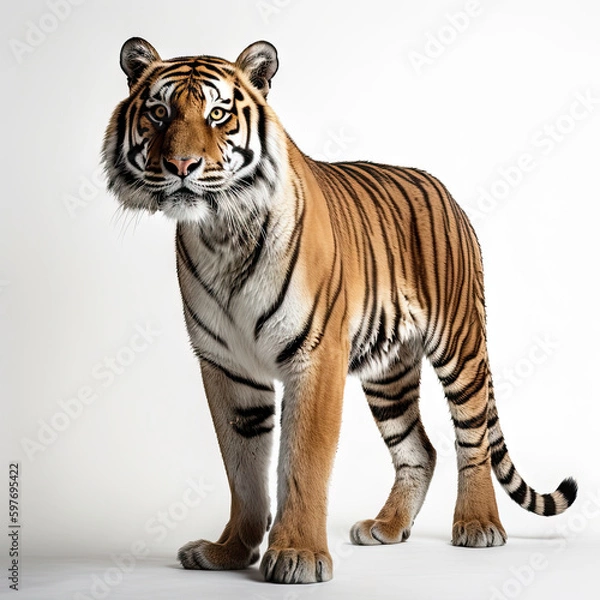 Fototapeta Bengal Tiger Full Body on White Background - Made with Generative AI