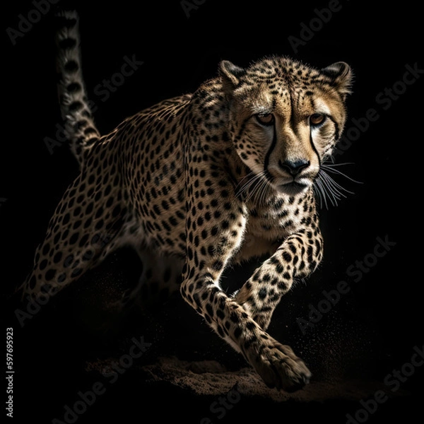 Fototapeta Cheetah Action Shot on Black Background - Made with Generative AI