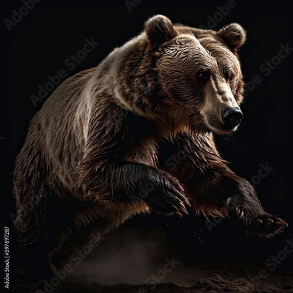 Fototapeta Grizzly Bear Action Shot on Black Background - Made with Generative AI