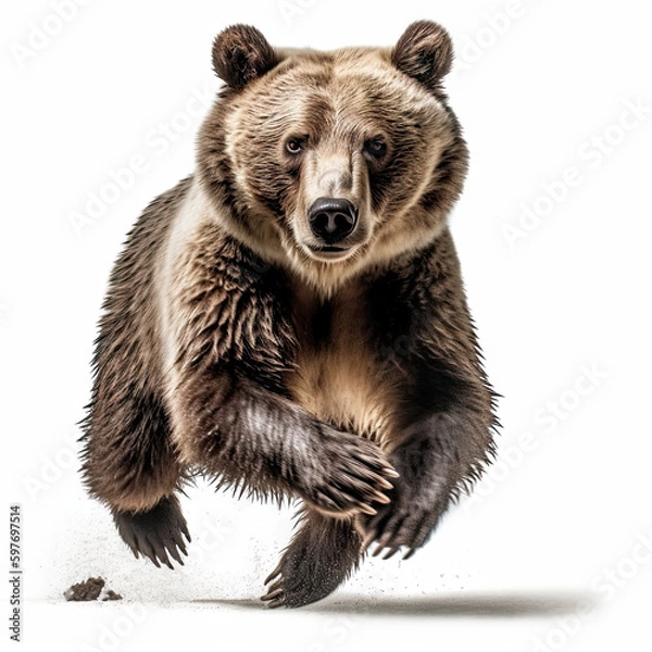 Fototapeta Grizzly Bear Action Shot on White Background - Made with Generative AI