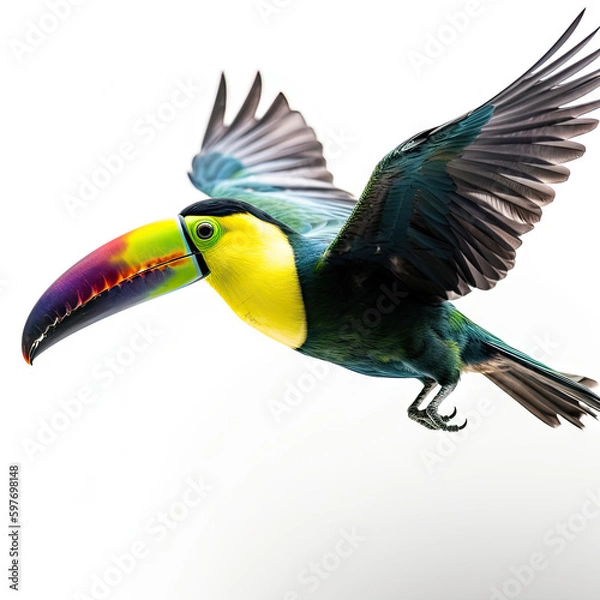 Fototapeta Keel-Billed Toucan Action Shot on White Background - Made with Generative AI