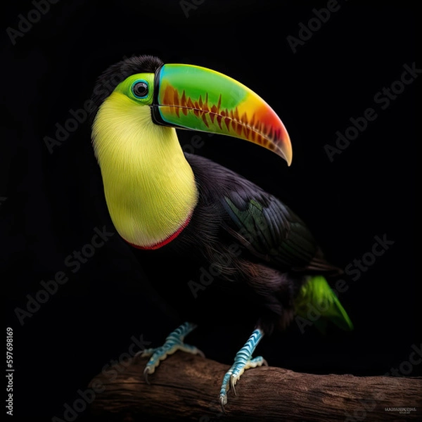 Fototapeta Keel-Billed Toucan Full Body on Black Background - Made with Generative AI