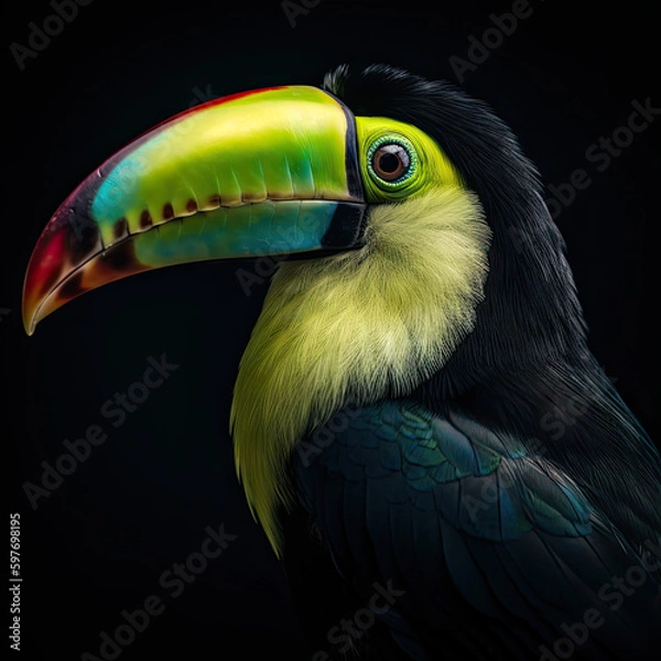 Fototapeta Keel-Billed Toucan Portrait on Black Background - Made with Generative AI