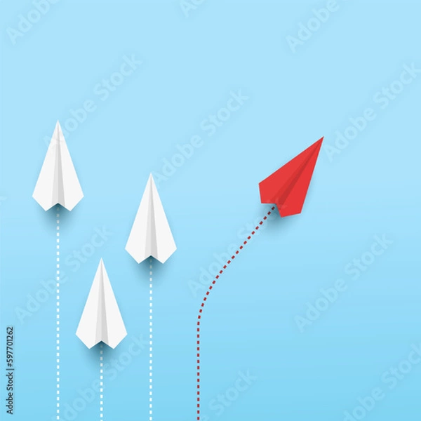 Fototapeta Red paper plane changing direction. Concept of creativity, new ideas, and innovative. Different business. Vector illustrations