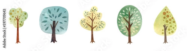 Fototapeta Set of trees in childish style. Watercolor illustration. 