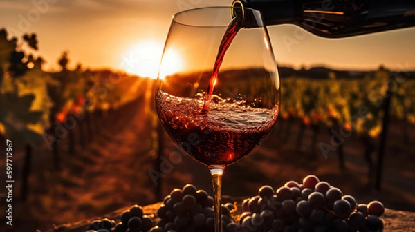 Fototapeta A glass of young red wine against the backdrop of sunset vineyards. generative AI